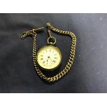 A silver lady's fob watch with white enamelled dial, with gilt decoration and roman numerals, on