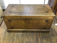 A 19thc pine blanket box, the hinged rectangular top enclosing a candlebox and two drawer