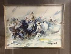 A Sanchis Cortez, 20thc. Spanish, Oxen Team, watercolour, signed lower right, in gilded frame (