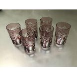 A set of six amethyst to clear slice cut tumblers, one with slight chip to rim (h.9cm x 6cm)