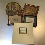 A collection including a needlework panel (38cm x 28cm), a machine made tapestry panel, a print of