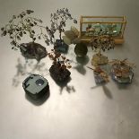 A mixed lot including a Chinese cork and hardstone glazed diorama, miniature wire trees with stone