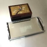 A 1930s style chrome and walnut glass topped cocktail tray with arched handles to side (h.7cm x 45cm