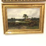William Beattie Brown (British 1831 -1909), Highland Thatched Croft and Grazing Cattle, oil on