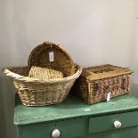 A Fortnum & Masons wicker hamper with leather fastenings and loop handle (21cm x 47cm x 32cm), a