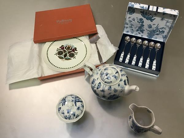 Portmerion Pottery three piece morning teaset in Botanic Blue pattern with matching set of teaspoons