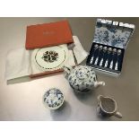 Portmerion Pottery three piece morning teaset in Botanic Blue pattern with matching set of teaspoons