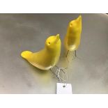 A pair of Ann Kelly pottery canary standing figures, on metal legs, signed verso (h.9cm x 17cm x