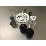 A mixed lot including a Chinese silk covered pill box, a jasparware pill box (a/f), a medicine glass