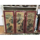 A Chinese triptych, watercolour on silk panel depicting Landscape scenes with Figures, each