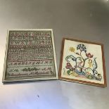 A late Victorian sampler by Euphemia N Mitchell (39cm x 32cm) and a 1960's running stitch panel with