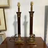 A pair of modern brass mounted mahogany Corinthian style column lamps on stepped bases (h. 50cm)
