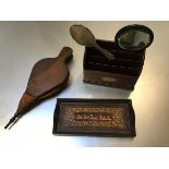 A pair of Edwardian oak bellows (l.47cm), an Edwardian inlaid stationery rack (h.20cm), a Birmingham