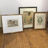A mixed lot comprising a 19thc. Valentine's card framed, two framed prints, one with Punch and