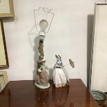 A Spanish Nao porcelain figure lamp, a Girl by Tree Trunk (h.32cm x 13cm x 8cm) and a Spanish Nao