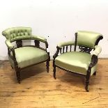 A pair of late Victorian ebonised parlour chairs, each with padded back, arms and seat, with