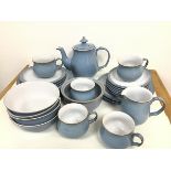 A Denby pale blue and grey pattern breakfast set including tea/coffee pot, milk jug (slight chip