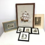 A 1950s/60s running stitch embroidered panel of a square rigged ship at sea (39cm x 26cm) and a
