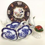 A Masons Ironstone plate decorated with Imari style design, a slice cut custard cup, a Lawleys three