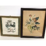 A 19thc watercolour, Figure holding a Panel with Fox and Hound, with Courting Couple in Rose Bower