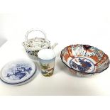 An Imari scalloped bowl, a Continental tapered beaker with handpainted landscape, a Delft blue and