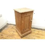 A Victorian stripped pine pot cupboard, the rectangular top with moulded edge above a panel