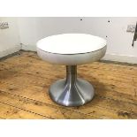 A modern stool, the white vinyl upholstered seat raised on a spun aluminium base (43cm x d.49cm)