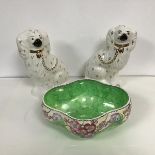 A pair of Beswick pottery flat back chimney spaniels with black noses and gilt collars, chains and