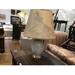A modern white crackleware baluster vase table lamp with brass mounts, complete with shade (base: