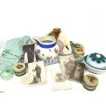 A collection to include five various WWI portraits, three enamelled ointment jars, a green soapdish,