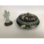 A Chinese cloisonne lidded bowl with lid depicting a tree in flower with butterfly with similar