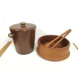 A 1950s walnut Vermillion of Springfield Missouri ice bucket with brass top and handles to side (h.