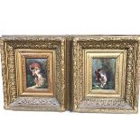 A pair of 19thc engravings mounted on woodblocks with overpainted decoration, in gilt composition