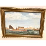 J. Fisk, Steam Drifter on River Yare, Outside Bloomsfield, Great Yarmouth, naive painting in oil