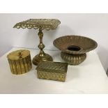 Four brass items including a small stand with pierced hinged top (h.27cm), a caddy with hinged top