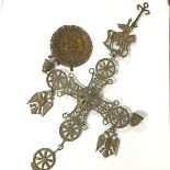 A Russian cast brass pierced pendant candleholder mounted with figure of St George, with double