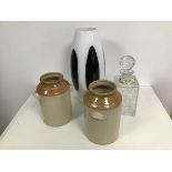 A pair of Buchan of Portobello, stoneware storage jars (h.20cm), an opaque cased glass vase of