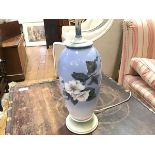 A Copenhagen baluster vase table lamp with handpainted blossom spray mounted on composition circular