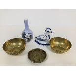 A Portugese china bird incense burner, a Copenhagen bud vase (14cm), three Eastern brass dishes (h.