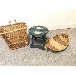 A wicker magazine/newspaper stand (h.37cm), a treen painted stool and a Chinese wicker navette