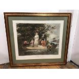 After George Morland, A Party Angling, coloured print in gilt glazed frame (48cm x 58cm)