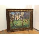 Continental School, Landscape of a Forrest with Ruined Cathedral, oil on board, signed