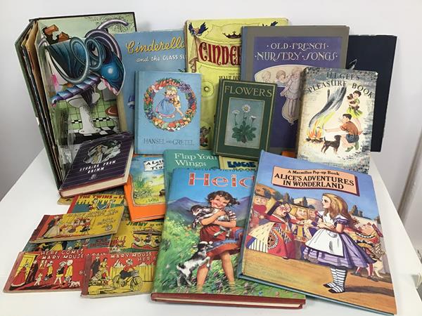 An assortment of children's books including Cinderella, H.L. Gee, Pleasure Book, Old French
