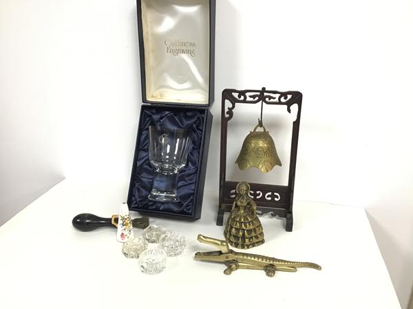 A Caithness glass goblet complete with box, four crystal salts, a Hammersley china candle snuffer, a
