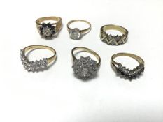 A set of six 9ct gold rings set CZ, various sizes (18.3g)