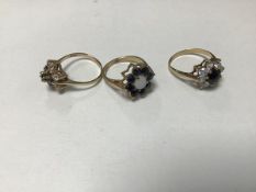 Three 9ct gold synthetic sapphire and CZ set dress rings (9.2g) (3)