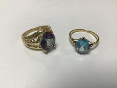 A 9ct gold dress ring set plate blue stone (Q/L) and a 9ct gold QVC dress ring mounted oval multi