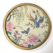 An embroidered panel with Roses, Irises, Jasmine and Willow, inscribed verso, sewn by Mrs Doris
