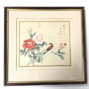 A Japanese watercolour on silk, Bird Amongst Roses, two red seal marks and characters to top