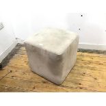 A modern cube stool/table upholstered in a putty coloured suede type fabric (44cm x 45cm x 45cm)